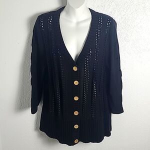 CJ Banks Black Open-Knit Buttondown Cardigan Sweater with Big Tan Buttons, Sz 1X